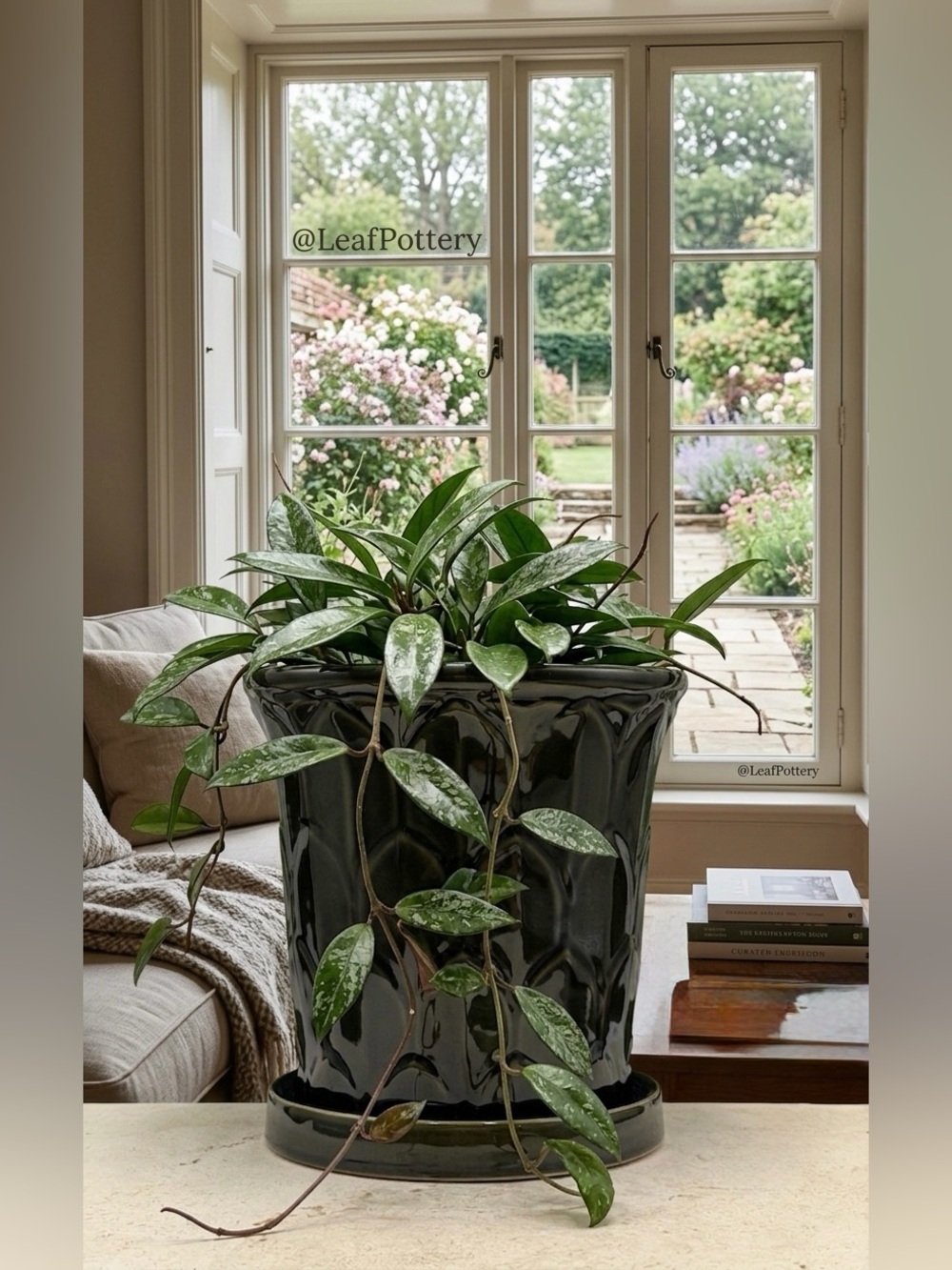 Gothic Ceramic Planter with Attached Saucer | 7" Dark Green Plant Pot